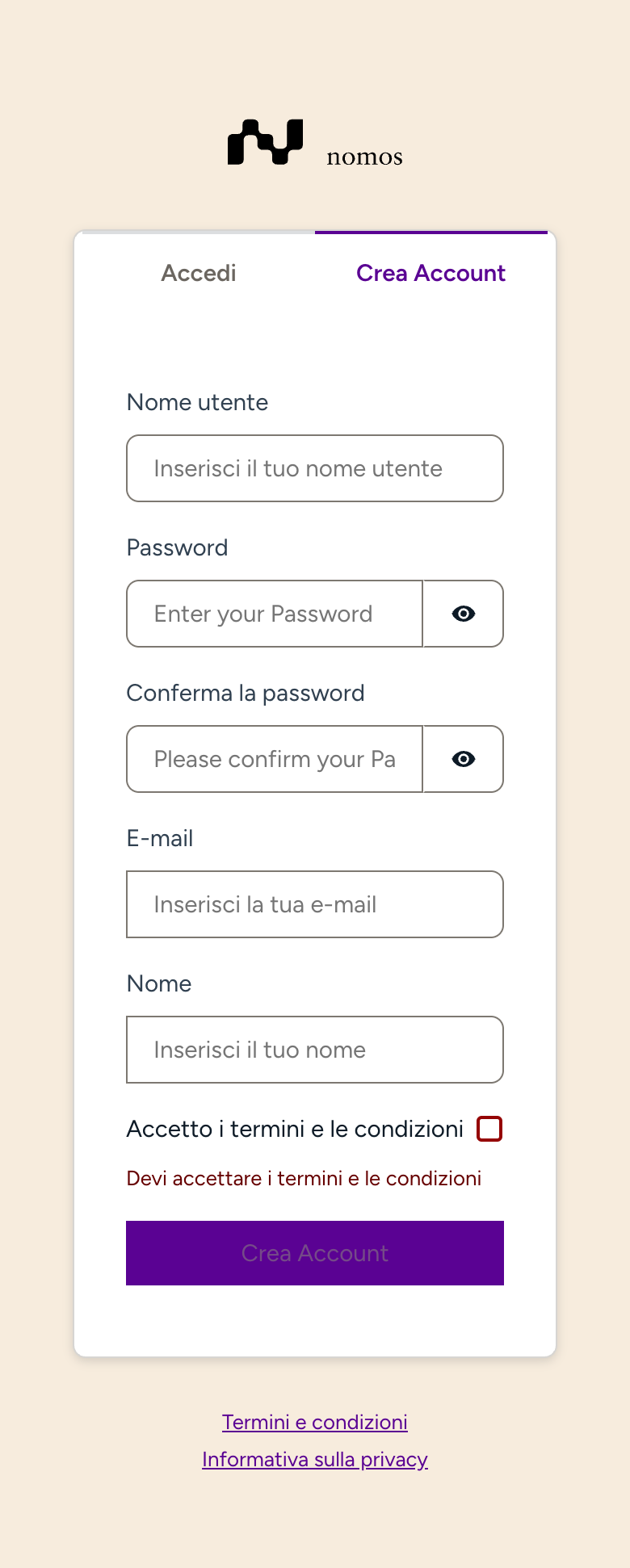 Registrazione nel portale nomos Cloud con nome utente, password, e-mail e nome
