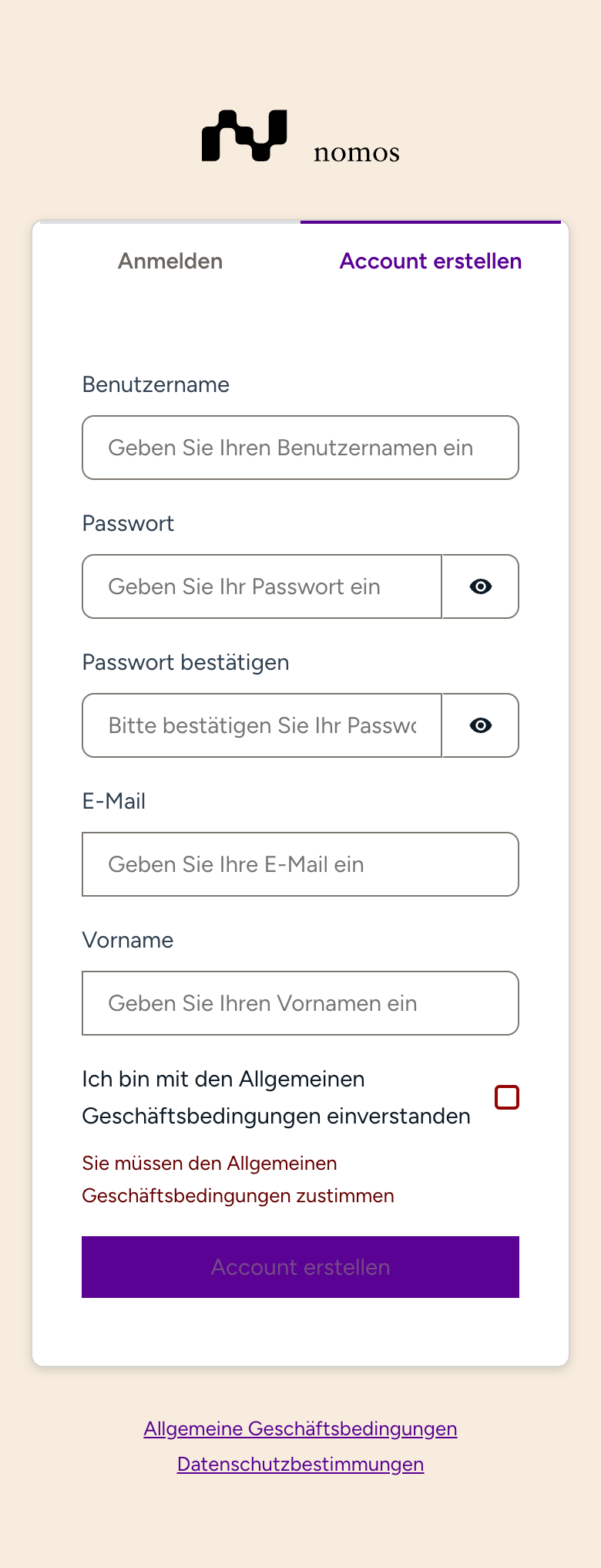Registrierung im nomos Cloud-Portal mit Benutzername, Passwort, E-Mail und Vorname