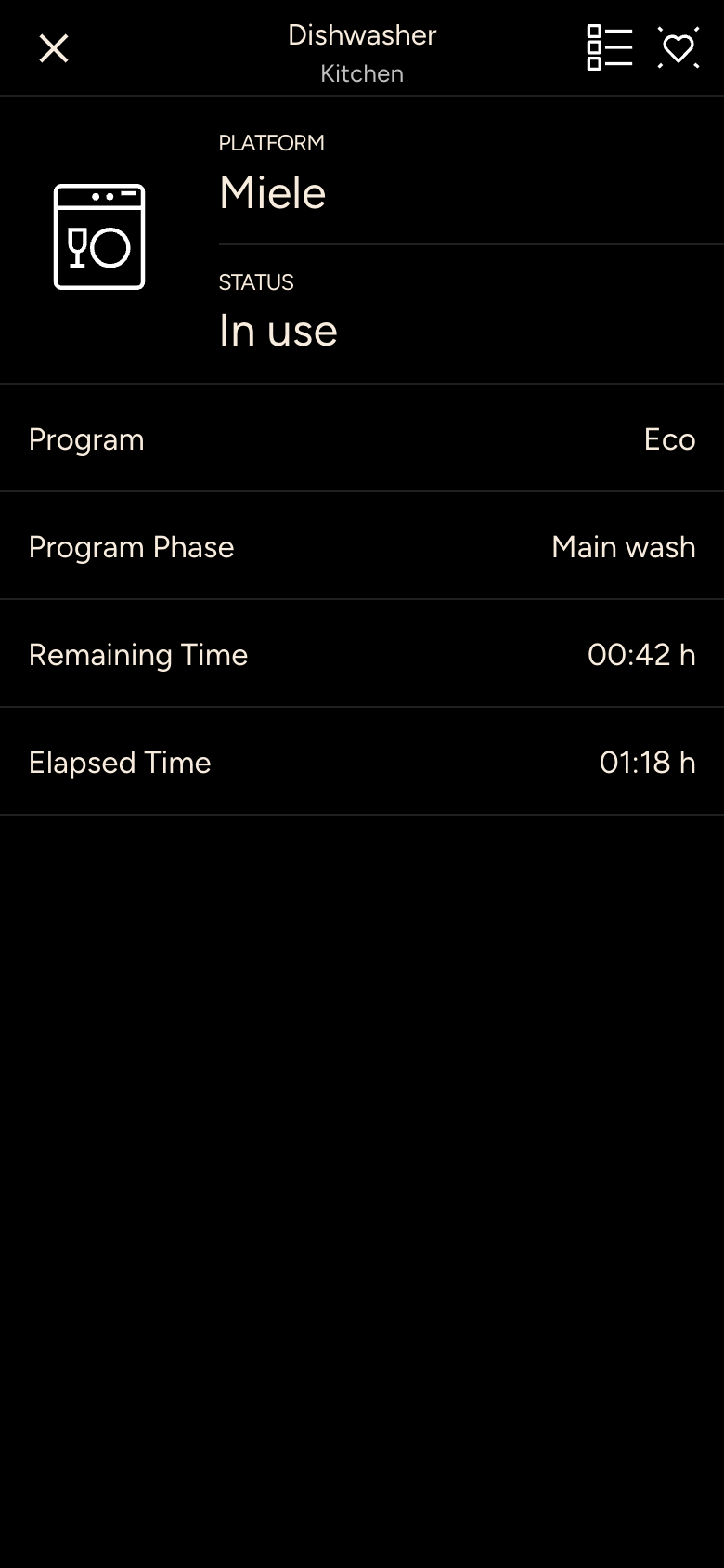 Dishwasher in the state In use with programme, programme phase, remaining time and elapsed time