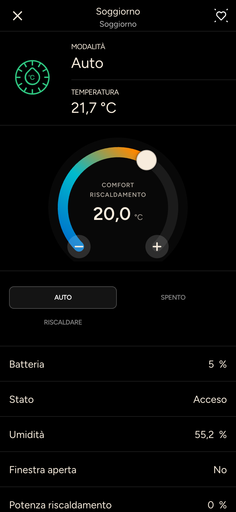Termostato con manopola a 20,0 gradi, modalità Auto, temperatura ambiente 21,7 gradi