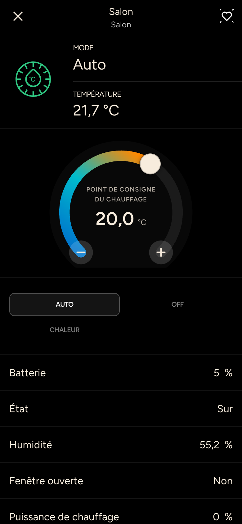 Thermostat avec bouton rotatif à 20,0 degrés, mode Auto, température ambiante 21,7 degrés
