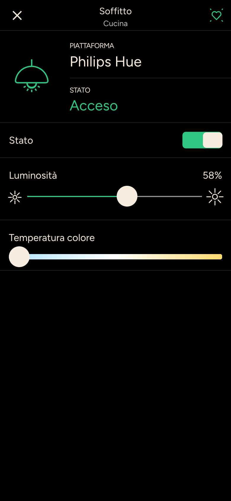 Dettagli della luce a soffitto con stato, luminosità e temperatura colore