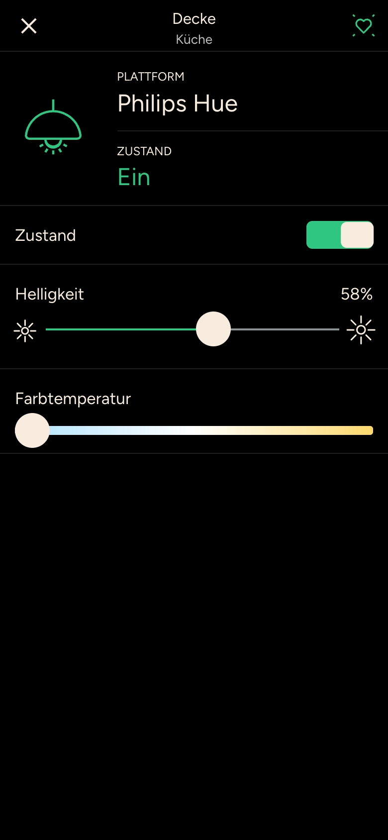 Details der Deckenleuchte mit Zustand, Helligkeit und Farbtemperatur