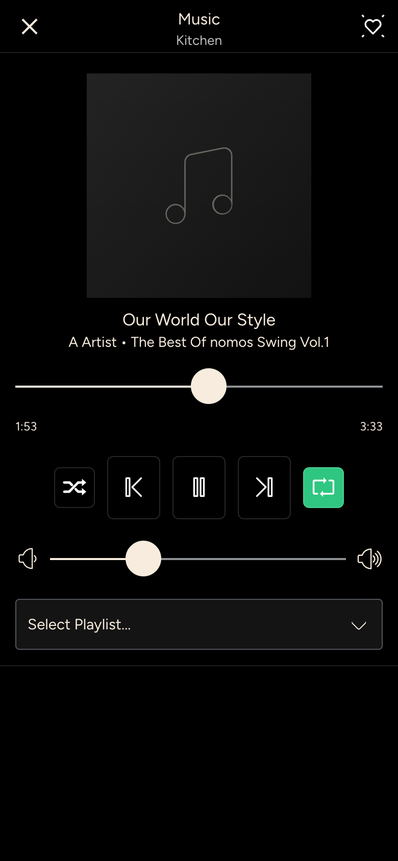 Music player with cover, title, playback buttons and volume