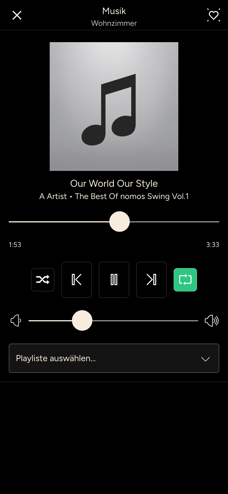 Musikplayer mit Cover, Titel, Wiedergabetasten und Lautstärke