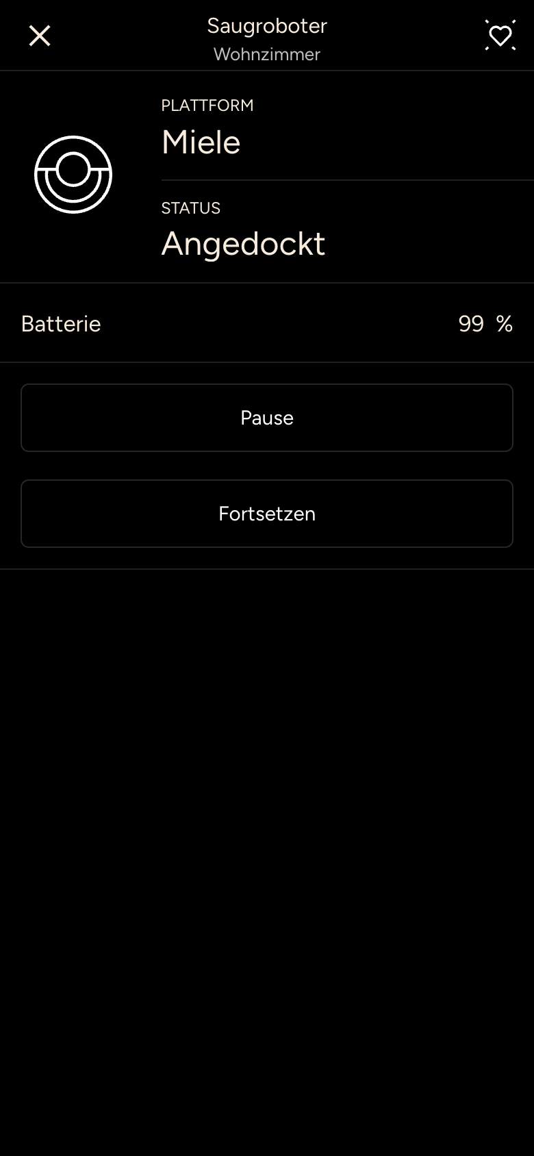 Saugroboter im Zustand Angedockt mit Batterie und Tasten Pause und Fortsetzen