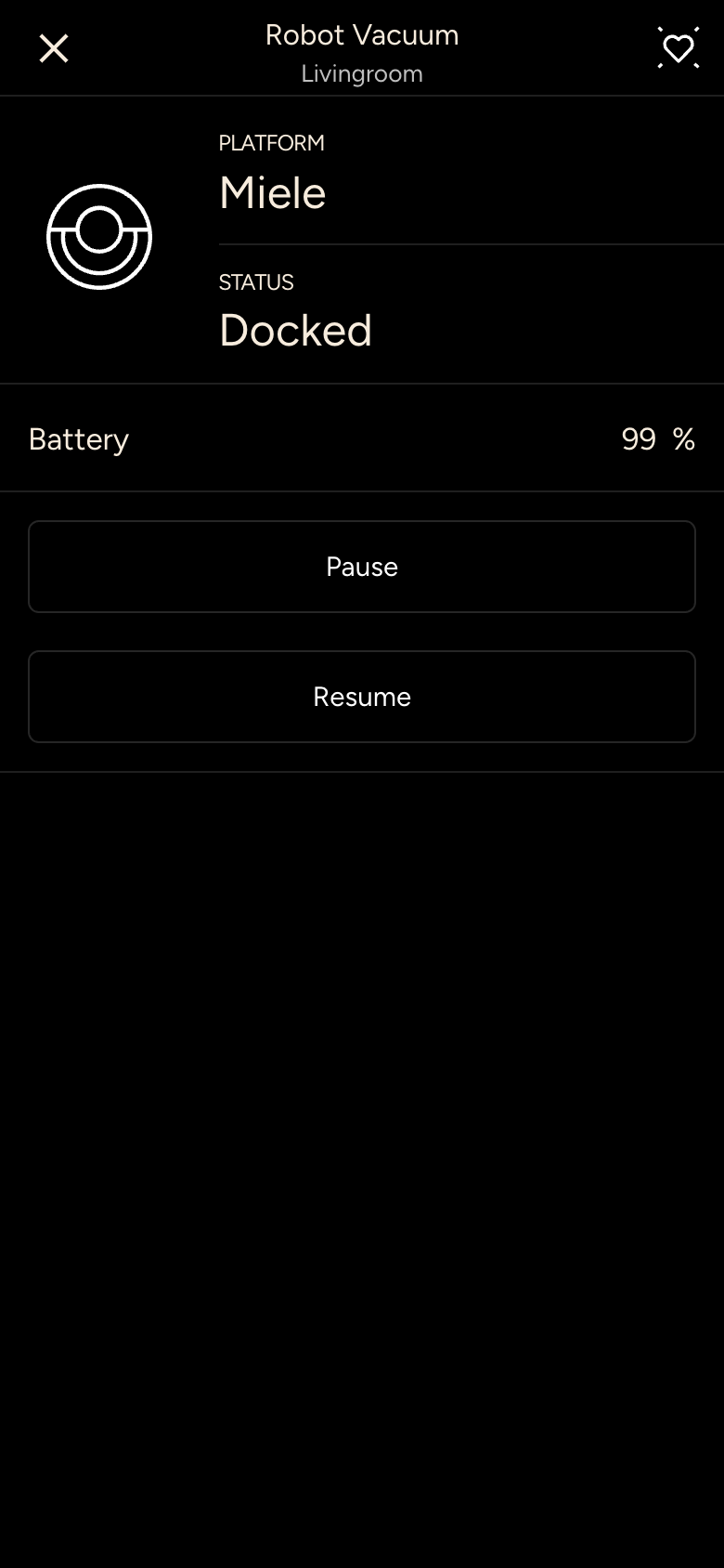 Robot vacuum in the state Docked with battery and the buttons Pause and Resume