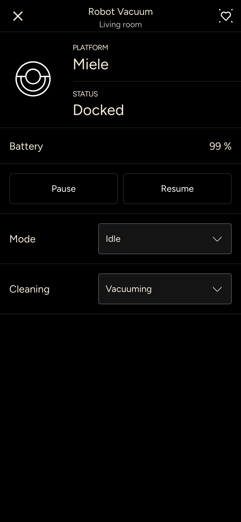 Robot vacuum in the state Docked with battery and the buttons Pause and Resume, and a choice of mode and cleaning type