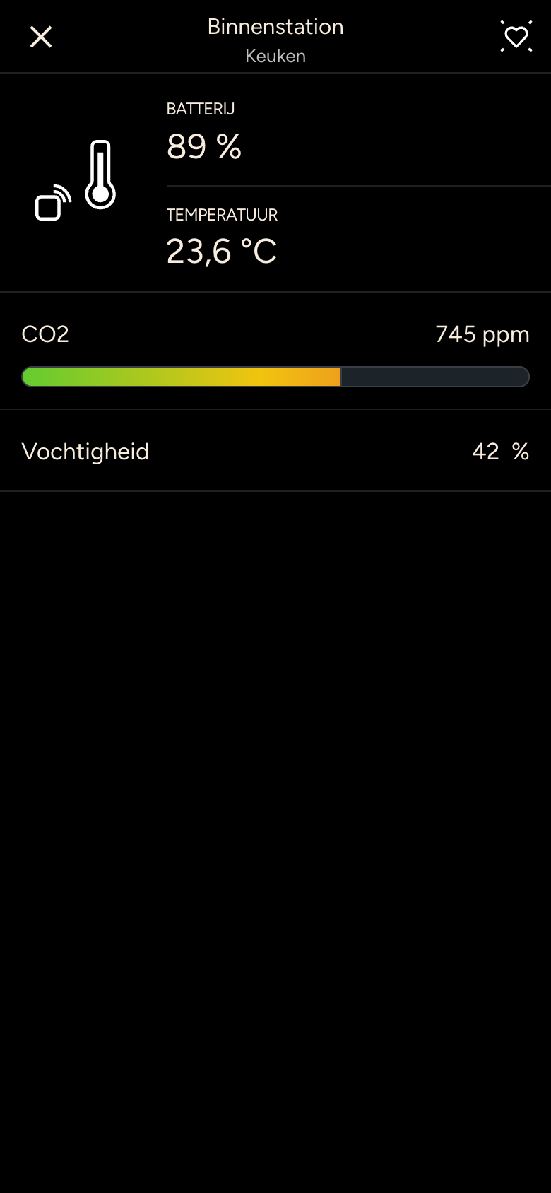 Binnenstation met temperatuur 23,6 graden, CO2 745 ppm en luchtvochtigheid 42 procent