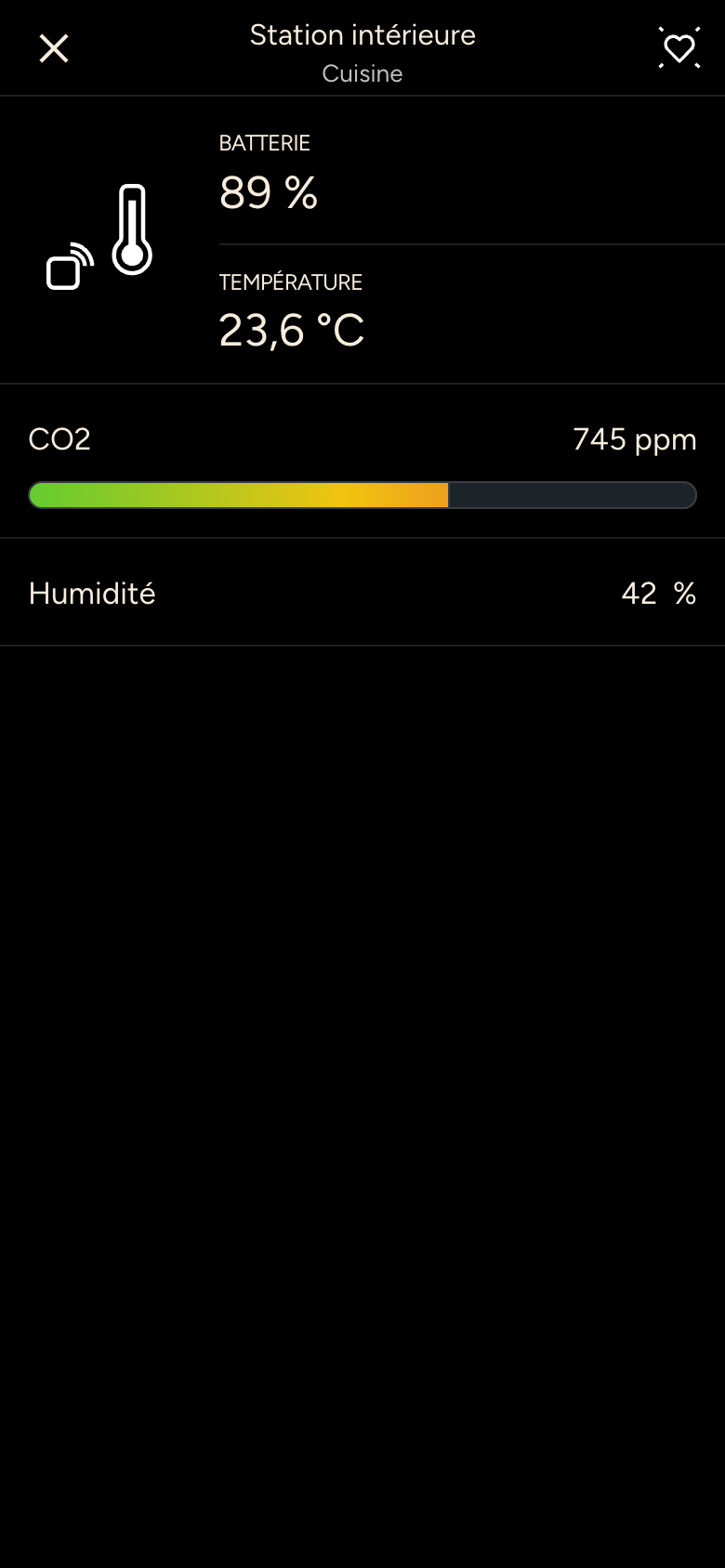 Station intérieure avec température 23,6 degrés, CO2 745 ppm et humidité 42 pour cent