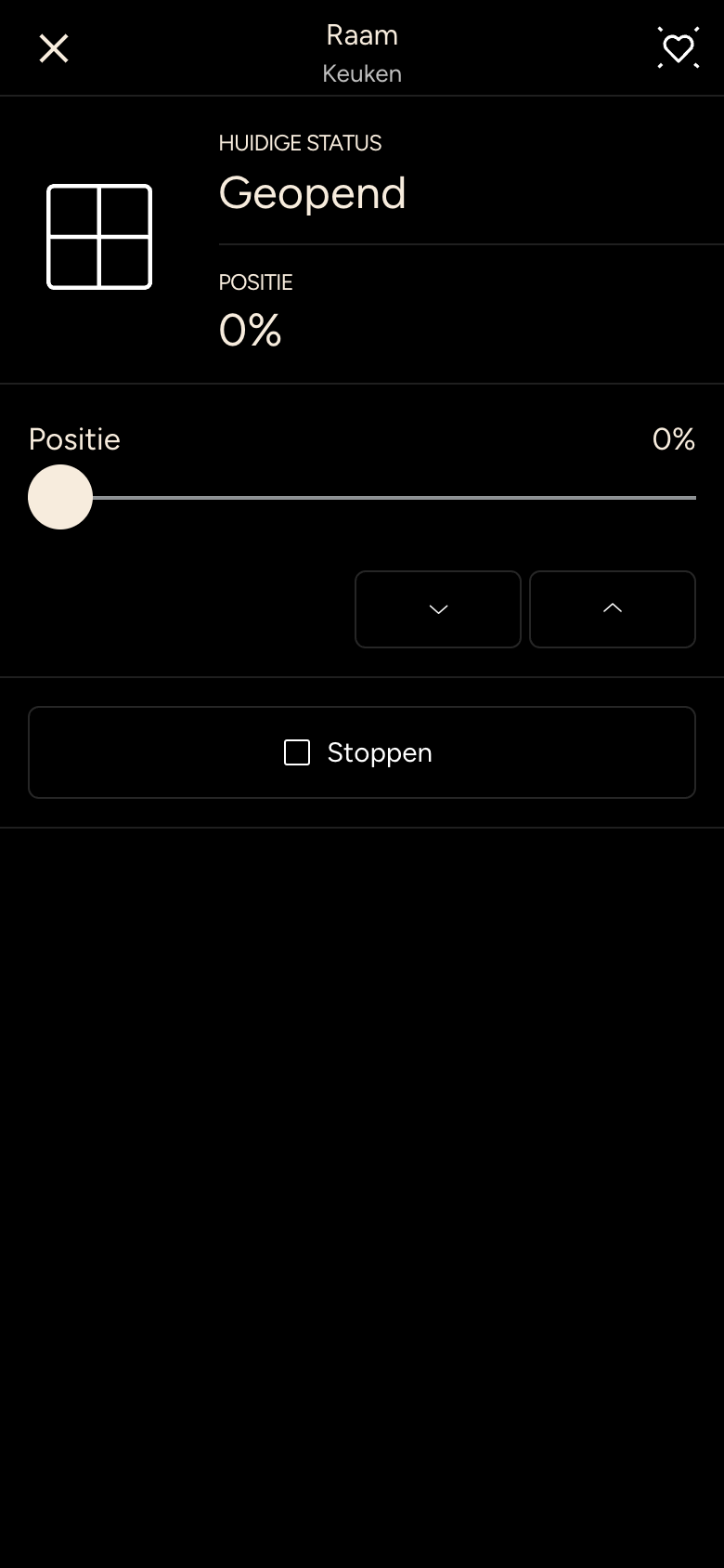 Details van een raam met positie, knoppen omhoog en omlaag en stop