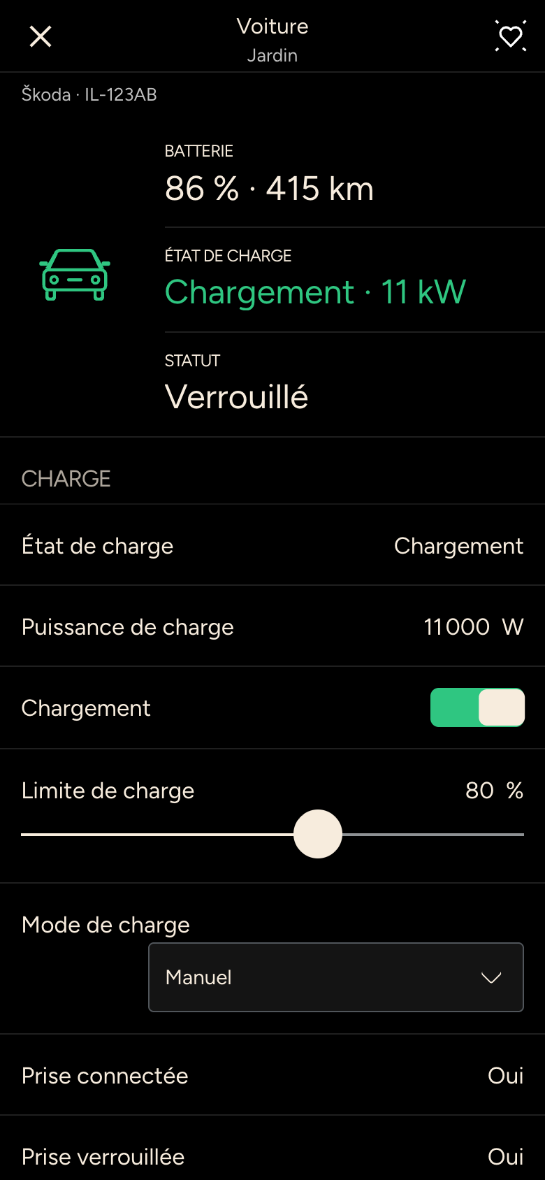 Véhicule avec batterie à 86 pour cent, 415 km d'autonomie, recharge et limite de charge