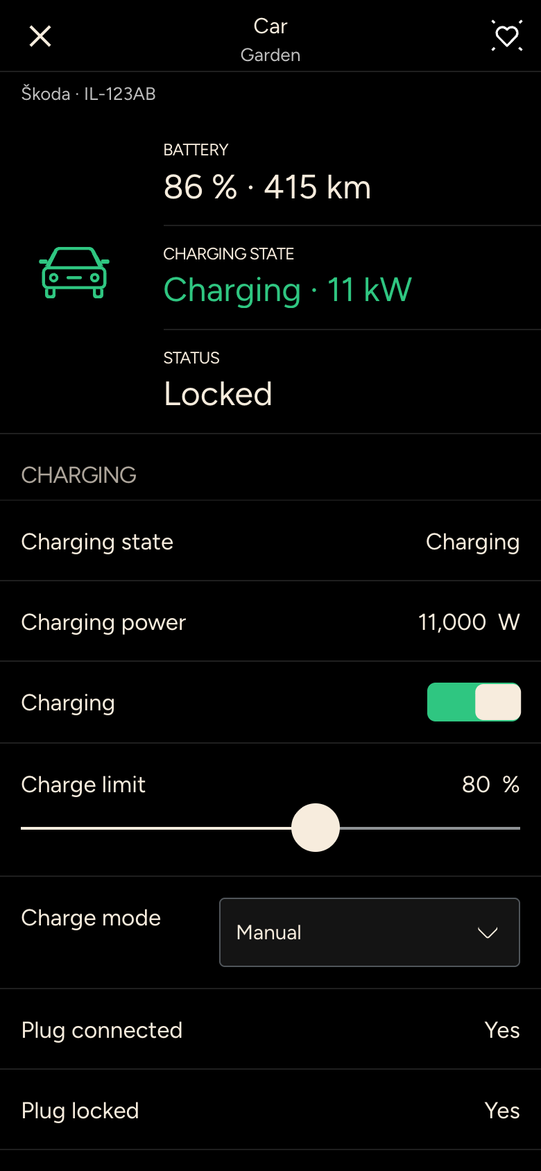 Vehicle with battery 86 percent, 415 km range, charging and charge limit