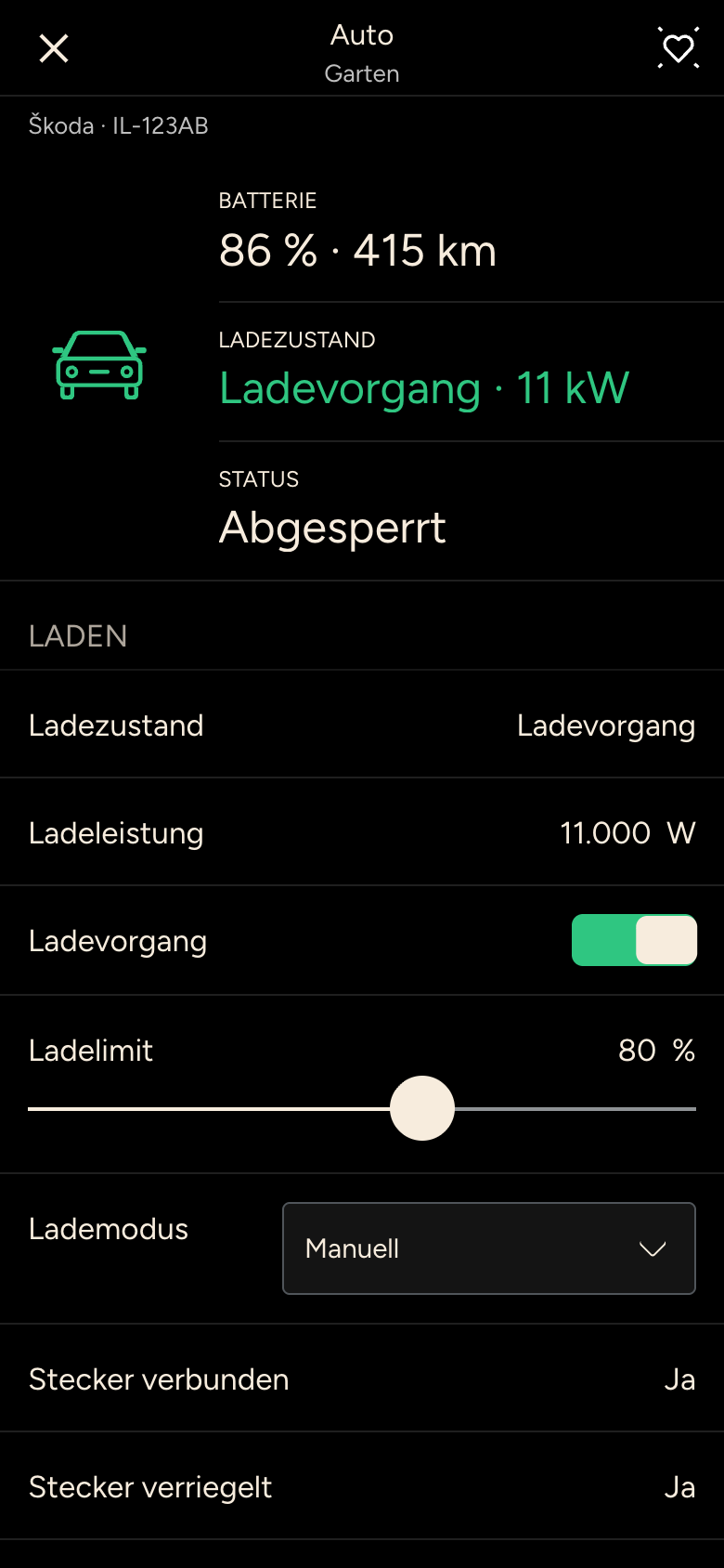 Fahrzeug mit Batterie 86 Prozent, 415 km Reichweite, Ladevorgang und Ladelimit