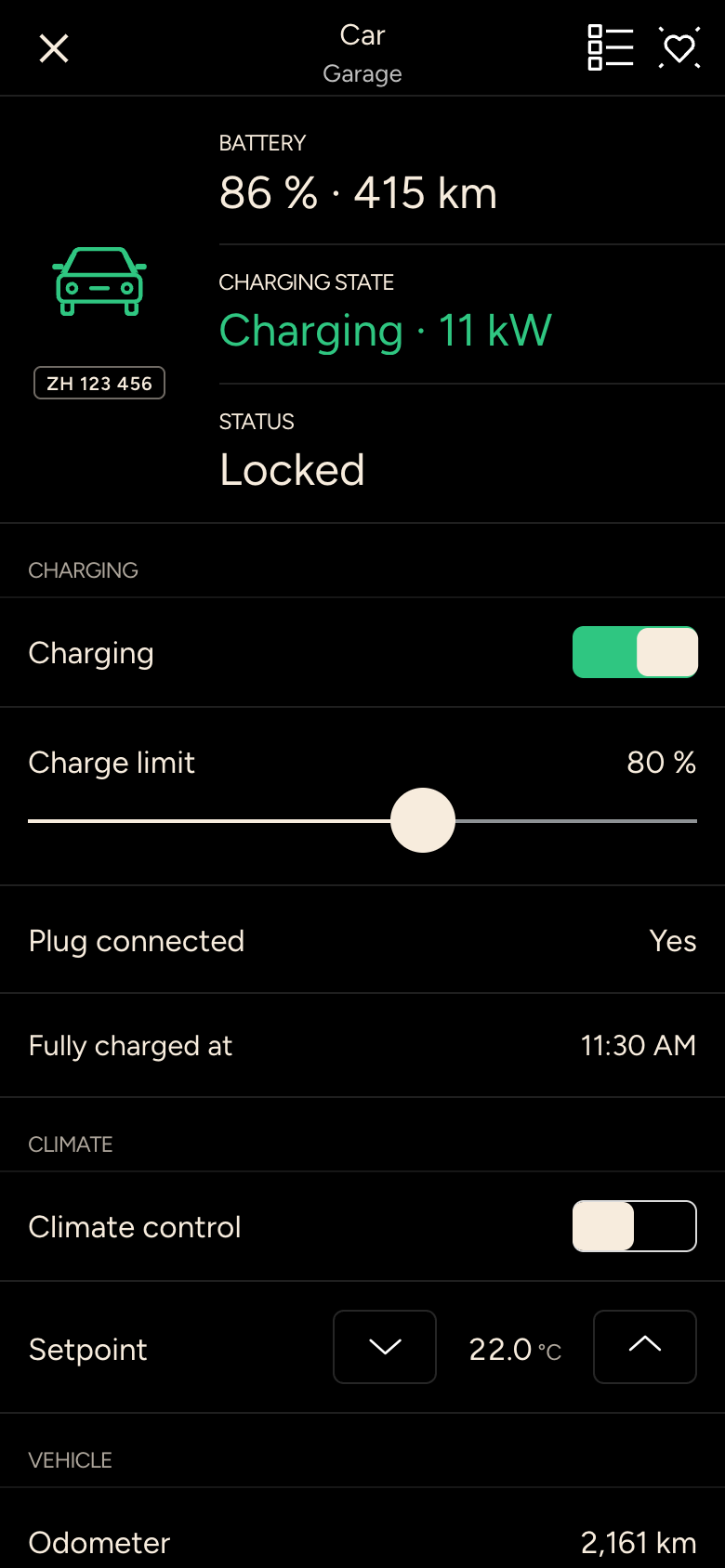 Vehicle with battery 86 percent, 415 km range, charging and charge limit