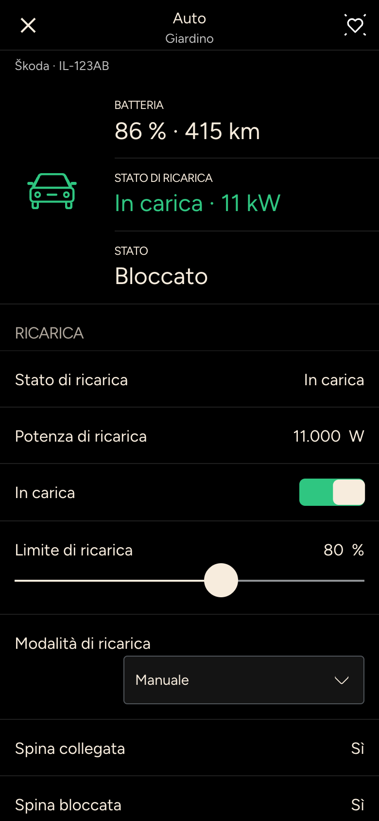 Veicolo con batteria all'86 per cento, 415 km di autonomia, ricarica e limite di ricarica