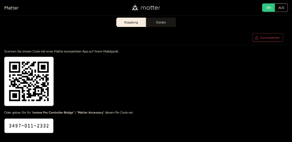 Matter-Seite mit QR-Code und PIN-Code (Beispielcode)
