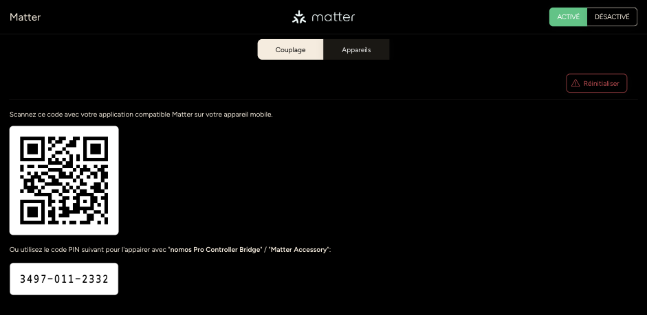 Page Matter avec code QR et code PIN (code d'exemple)