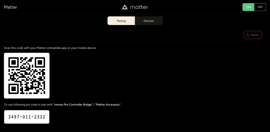 Matter page with QR code and PIN code (example code)