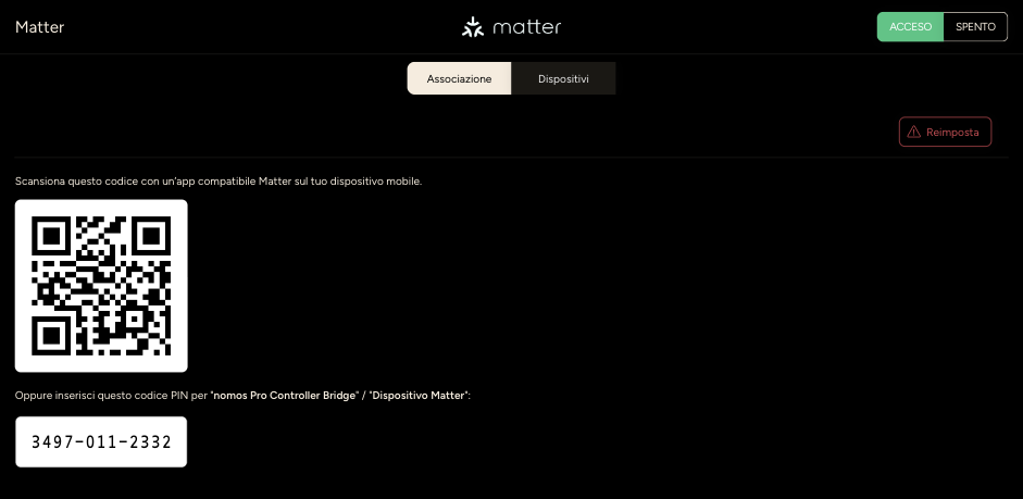 Pagina Matter con codice QR e codice PIN (codice di esempio)